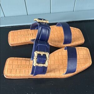 SCHUTZ Navy Sandals with Gold Accents